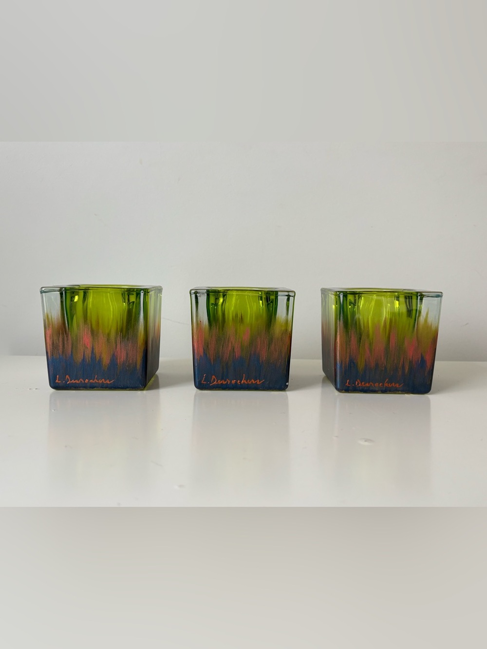 Vintage L. Desrochers Signed Art Glass Cube Votive Candle Holders Set of 3